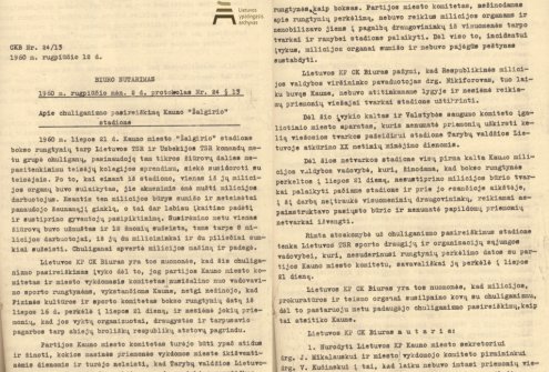 Lietuvos komunistų partijos centro komiteto biuro nutarimo „Apie chuliganizmo pasireiškimą Kauno „Žalgirio“ stadione“ nuorašas. 1960 m. rugpjūčio 12 d. Lietuvos ypatingasis archyvas, f. 1771, ap. 1, b. 5396, l. 59–60.