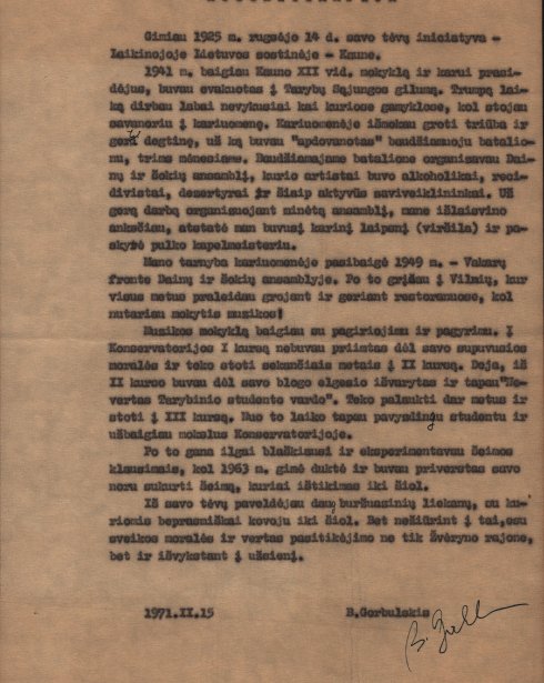 LLMA F. 144, ap. 1, b. 112, l. 1. Benjamino Gorbulskio autobiografija. 1971-02-15.