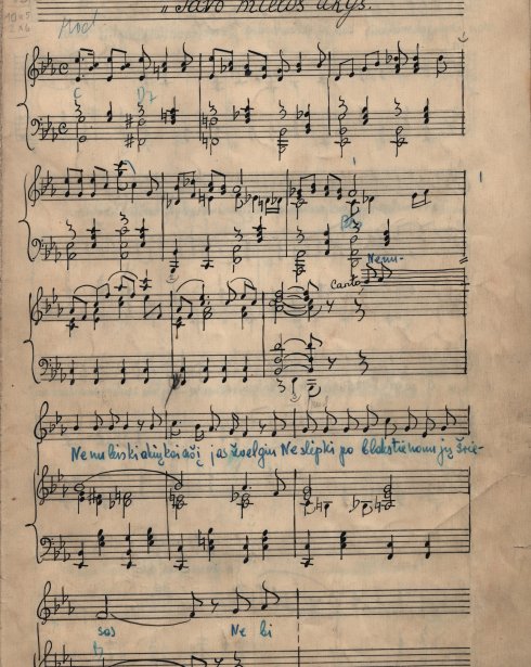 LLMA F. 144, ap. 1, b. 120, l. 33. Benjamino Gorbulskio dains „Tavo mielos akys“ (žodž. I. Mikšytės) ištrauka. Balsui ir fortepijonui. 1956 m. 