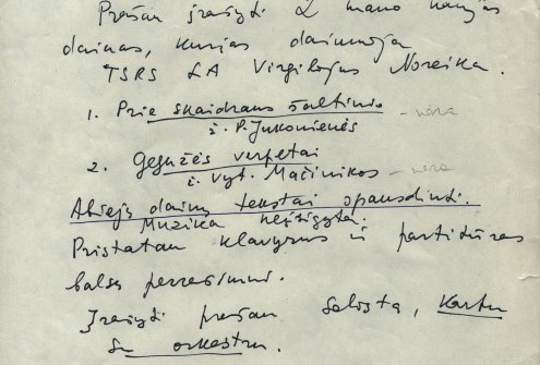 LLMA F. 144, ap. 1, b. 541, l. 1. Benjamino Gorbulskio pareiškimas vyr. fondinių įrašų ir meninių kolektyvų vyr. redaktoriui dėl savo muzikos kūrinių: „Prie skaidraus šaltinio“ ir „Gegužės verpetai“ – įrašymo. 