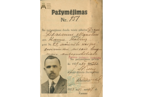 Mykolo Devenio vairuotojo pažymėjimas, išduotas Kauno miesto valdybos