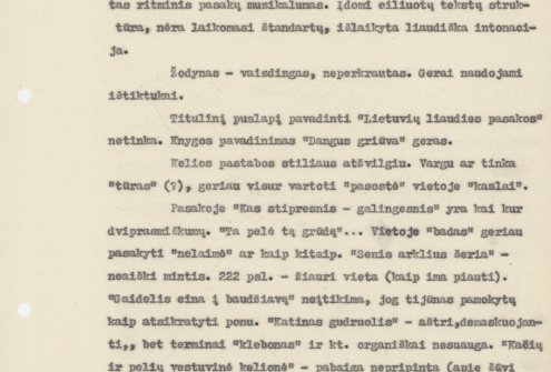 Kazio Borutos kūrinio „Dangus griūva“ aptarimo protokolas, vykusio Lietuvos tarybinių rašytojų sąjungoje 1955 m. sausio 31 d.  LLMA F. 9, ap. 1, b. 14, l. 2