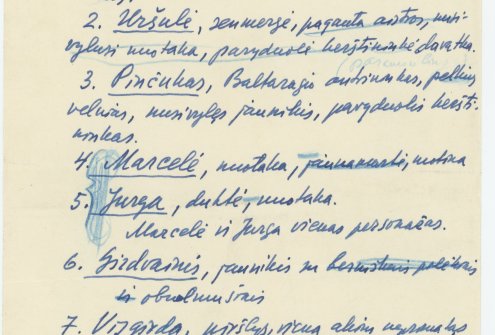 Romano „Baltaragio malūnas“ kino scenarijaus eskizas, 1956 m. LLMA F. 9, ap. 1, b. 4, l. 1