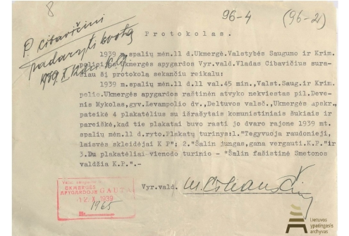 Komunistinių šūkių pristatymo protokolas, sudarytas sovietų okupuotos Lietuvos vidaus reikalų ministerijos Valstybės saugumo ir kriminalinės policijos Ukmergės apygardos