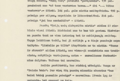 Kazio Borutos kūrinio „Dangus griūva“ aptarimo protokolas, vykusio Lietuvos tarybinių rašytojų sąjungoje 1955 m. sausio 31 d.  LLMA F. 9, ap. 1, b. 14, l. 3