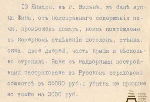 Ištrauka iš bylos „Apie įvykius Vilniaus gubernijoje“ dėl gaisro, kilusio pirtyje Vilniuje. Spaudinys. 1900 m. Lietuvos valstybės istorijos archyvas, f. 378, ap. 108, b. 6, l. 4