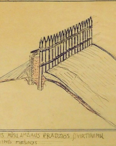 Skersinis pjūvis mūsų amžiaus pradžios įtvirtinimų. Rekonstrukcinis piešinys (VI–VII amžius). Sigitas Lasavickas. LLMA, f. 650, ap. 1, b. 239, l. 6
