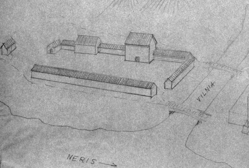 XV–XVI a. pirmosios pusės užstatymas Kreivosios pilies šiauriniame papilyje. Sigitas Lasavickas. 1990 metai. LLMA, f. 650, ap. 1, b. 132, l. 8