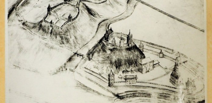 XIV amžiaus Vilniaus pilių rekonstrukcijos eskizas maketui. Mešislovo Sakalusko fotografija. 1958 metai. LLMA, f. 650, ap. 1, b. 136, l. 7