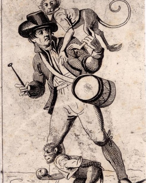Gotlibas Kislingas, Jonas Rustemas. Korta: širdžių dviakė (Cirko žonglierius su beždžionėlėmis). 1815. Popierius. Lietuvos nacionalinis dailės muziejus, LNDM G 21919. Paskelbta www.limis.lt